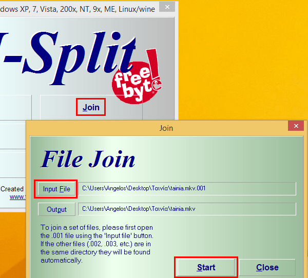 διαχωρισμός αρχείου και Συνένωση με το HJSplit 09
